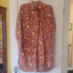 Duluth, Long Cotton/Hemp Button Down Duster, Women's Medium, Garden Gnome Print